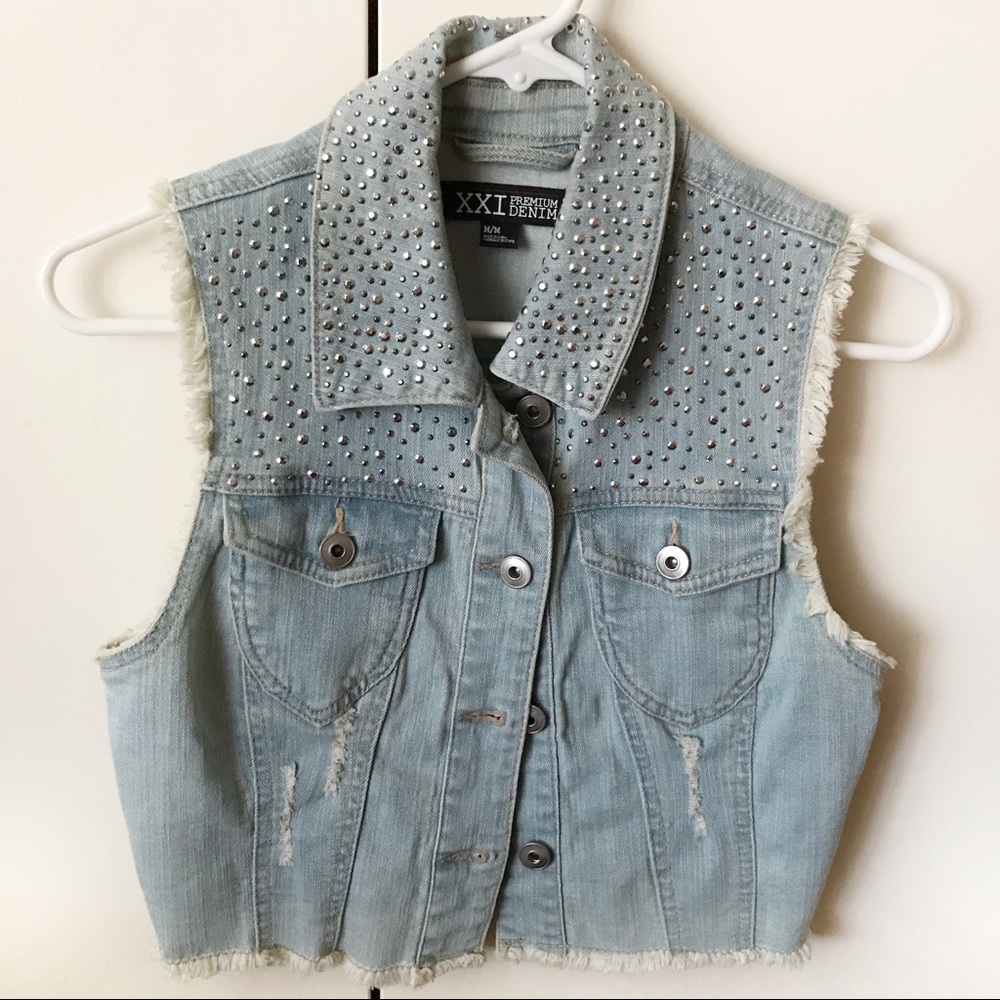F21 Rhinestone Cropped Denim Jacket